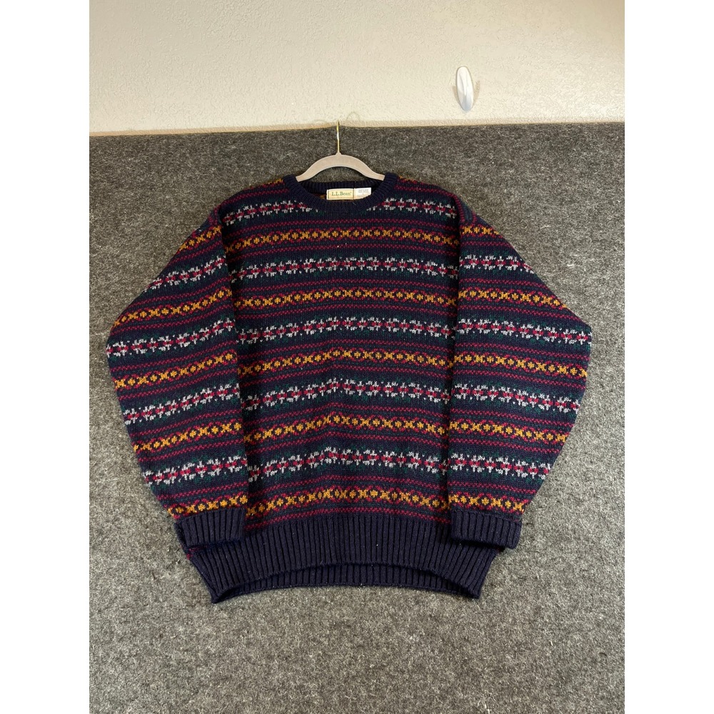 LL Bean Vintage Shetland Wool Fair Isle Sweater Navy Blue Made in Scotland L